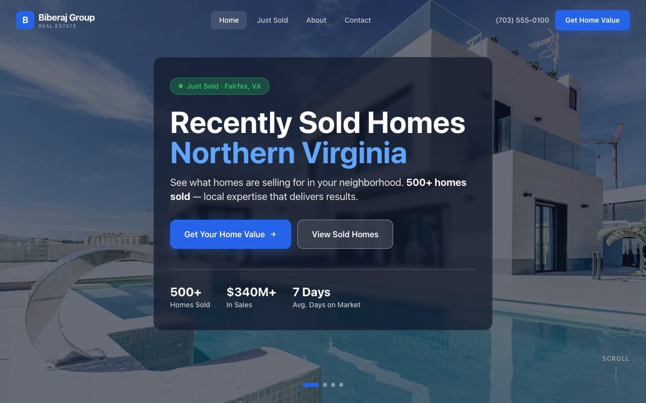Homepage of the Biberaj Group website, a real estate business in Fairfax, Virginia